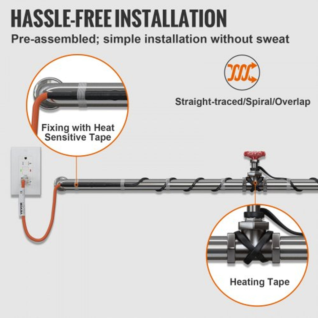 Pipe Heating Cable with Automatic Thermostat Control, 60ft  Self-Regulating