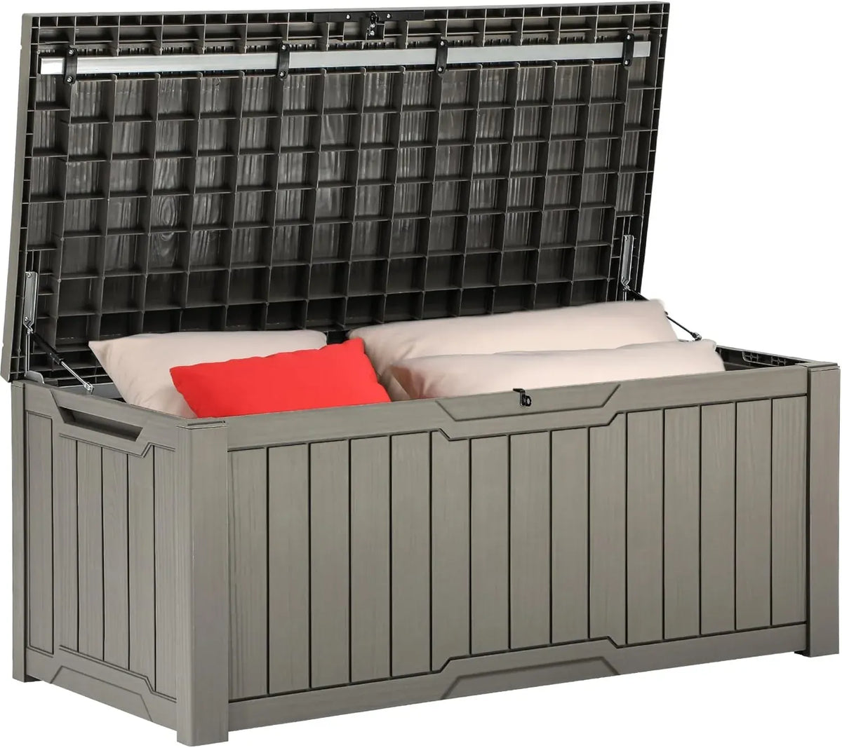 120 Gallon Outdoor Storage Deck Box with Cushion, Large Resin Patio Storage for Outdoor Pillows, Garden Tools and Pool-Supplies, Waterproof, Lockable (Taupe)