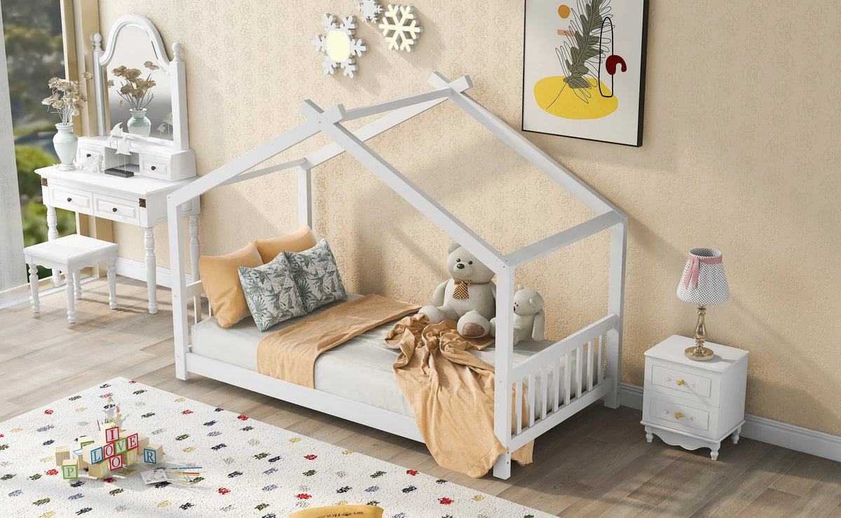 Twin Size White House Platform Bed with Roof Design Headboard and Footboard, Kids Bedroom Furniture