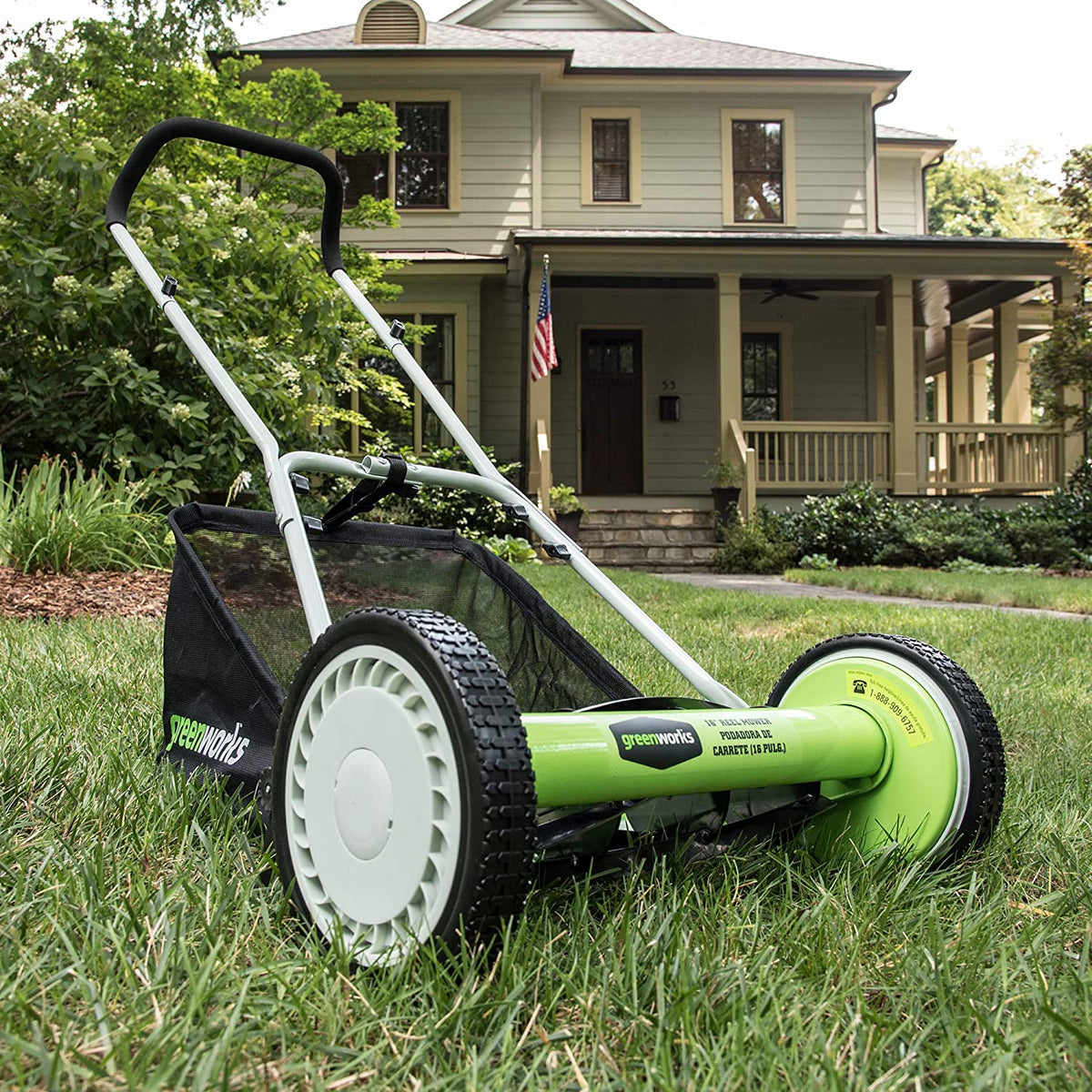 Greenworks 16-Inch Reel Lawn Mower with Grass Catcher 25052，Black/Green， 47D x 22W x 29.75H💝 Last Day For Clearance