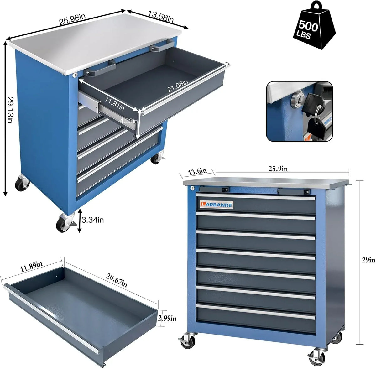 Combination Tool Cabinet and Chest - 7+5 Drawer Tool Chest for Connected Use, Rolling with 360 Brake Wheels and Padded Feet, Blue