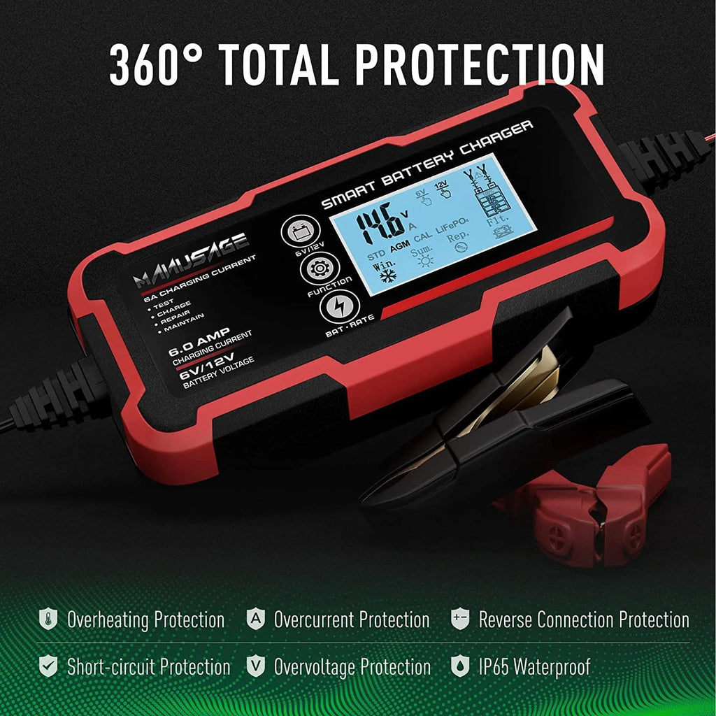 Manusage 10-Amp Fully-Automatic Smart Charger, 6V and 12V Portable Automotive Car Battery Charger, Battery Maintainer, Trickle Charger,Battery Desulfator with Temperature Compensation, AGM,Deep Cycle