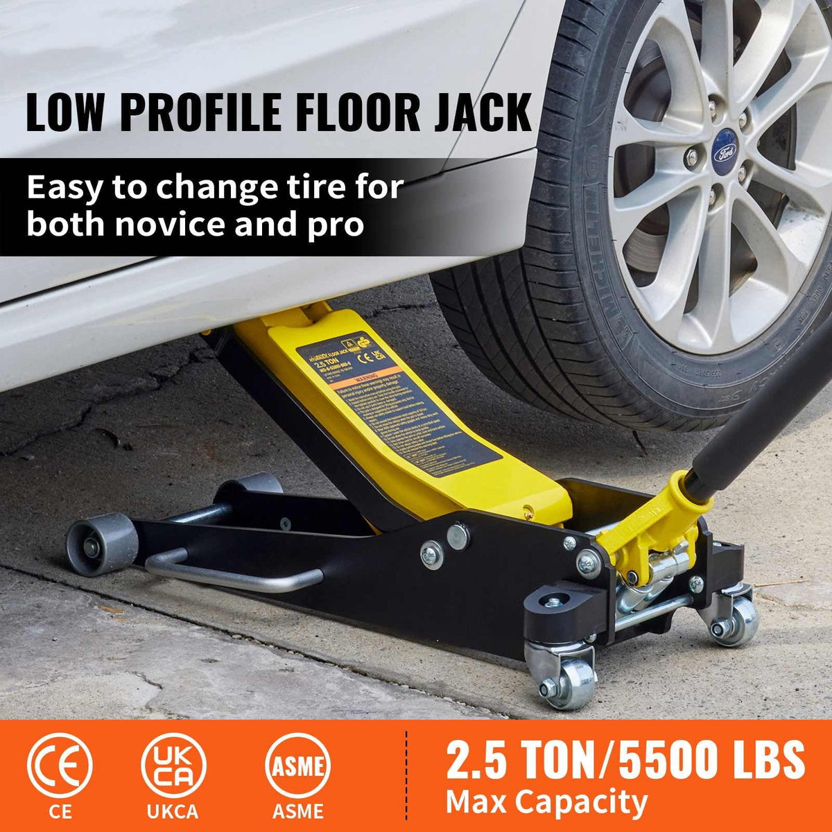 BENTISM Low Profile Floor Jack 2.5 Ton (5500 lbs), Aluminum and Steel Hydraulic Racing Floor Jack, Dual Piston Quick Lift Pump, 3-3/4-18-7/10 Height Lifting Range, Yellow+Black