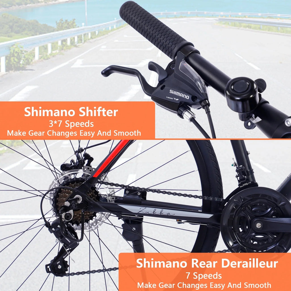 28 inch Hybrid Bike Men, Road Bike with Shimano 21 Speed, 700C Wheels, Comfort Adult Bicycle with Dual Disc Brake, 21'' Lightweight Aluminium Frame, Suggested Rider 5'6 to 6'2 Tall- Silver+Orange
