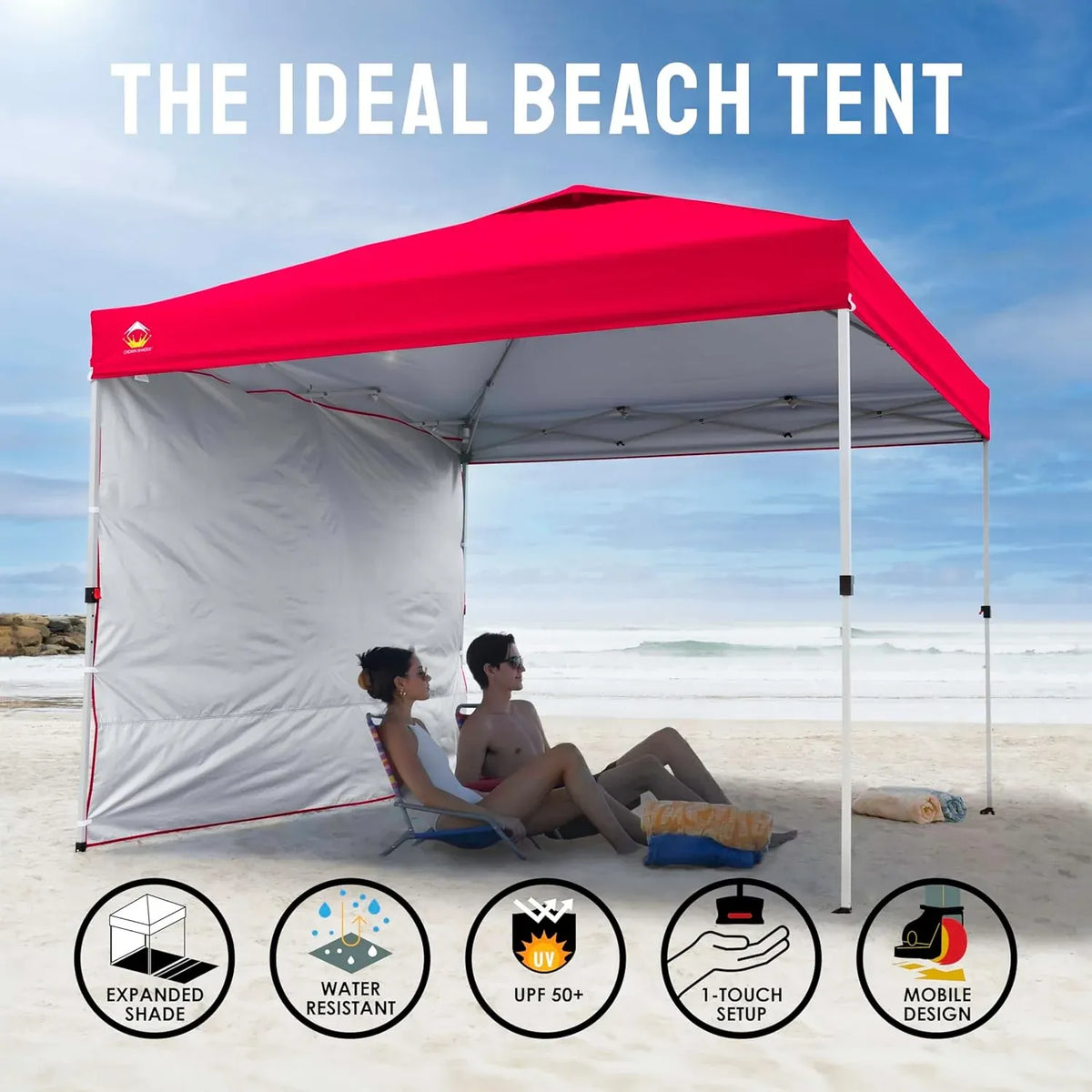 SHADES 10x10 Pop Up Canopy with 1 Side Wall - Beach Tent with One Push Setup - Outdoor Sun Shade for Events, Parties, Camping - Gazebo with STO-N-Go Cover Bag (Red)