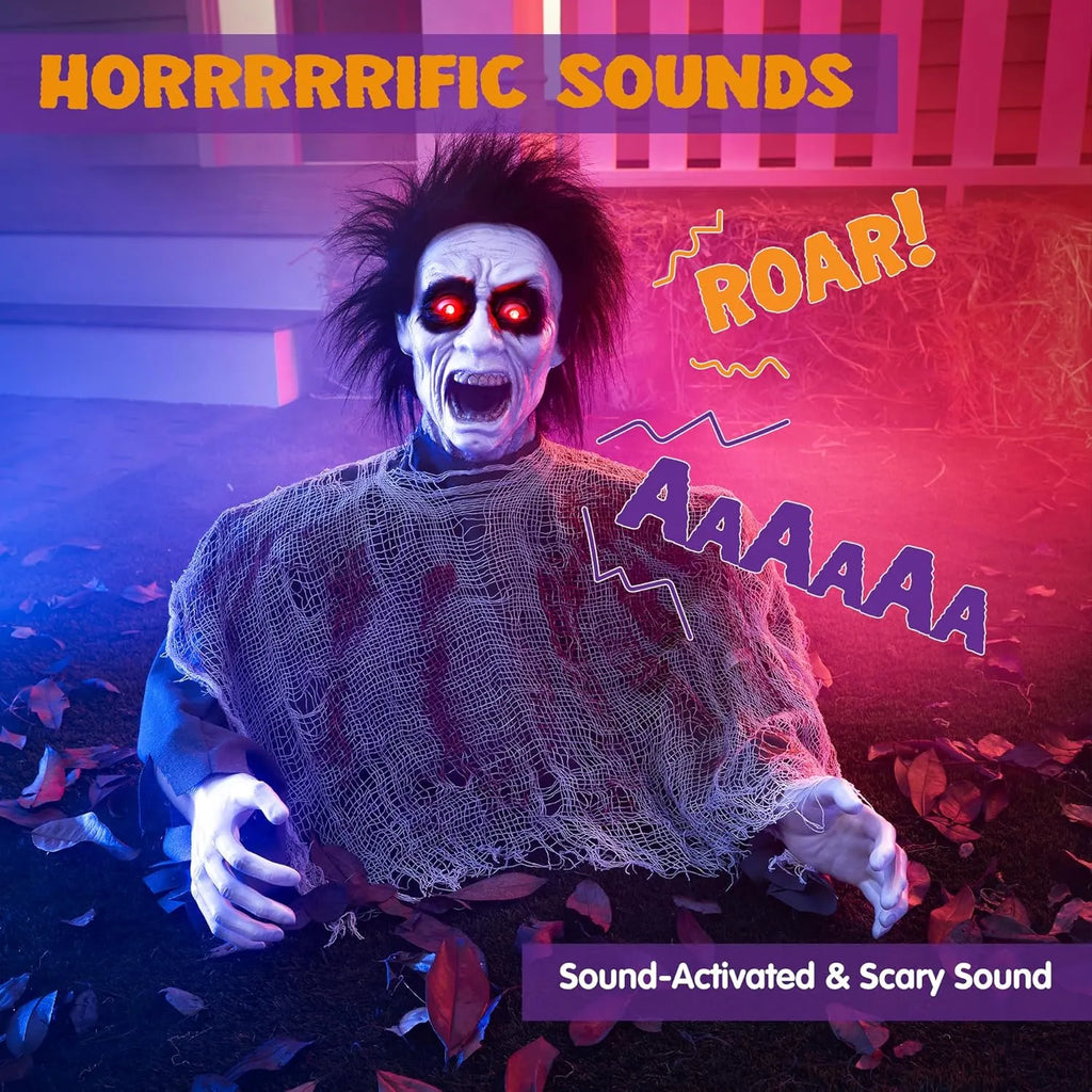 Halloween Outdoor Decoration Zombie Groundbreaker, Animatronics Zombie Props Halloween Outside Decor, Animated Groundbreaker with Sound & Glowing Eyes for Graveyard Lawn Yard Haunted House Decor