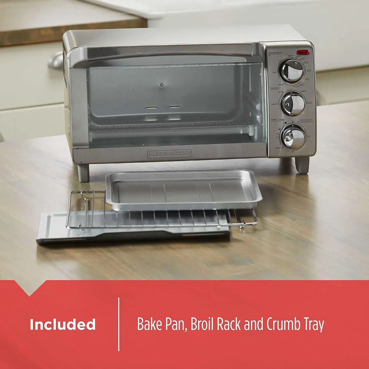 BLACK+DECKER 4-Slice Toaster Oven, TO1745SSG-1A, Even Toast, 4 Cooking Functions Bake, Broil, Toast and Keep Warm, Removable Crumb Tray, Timer