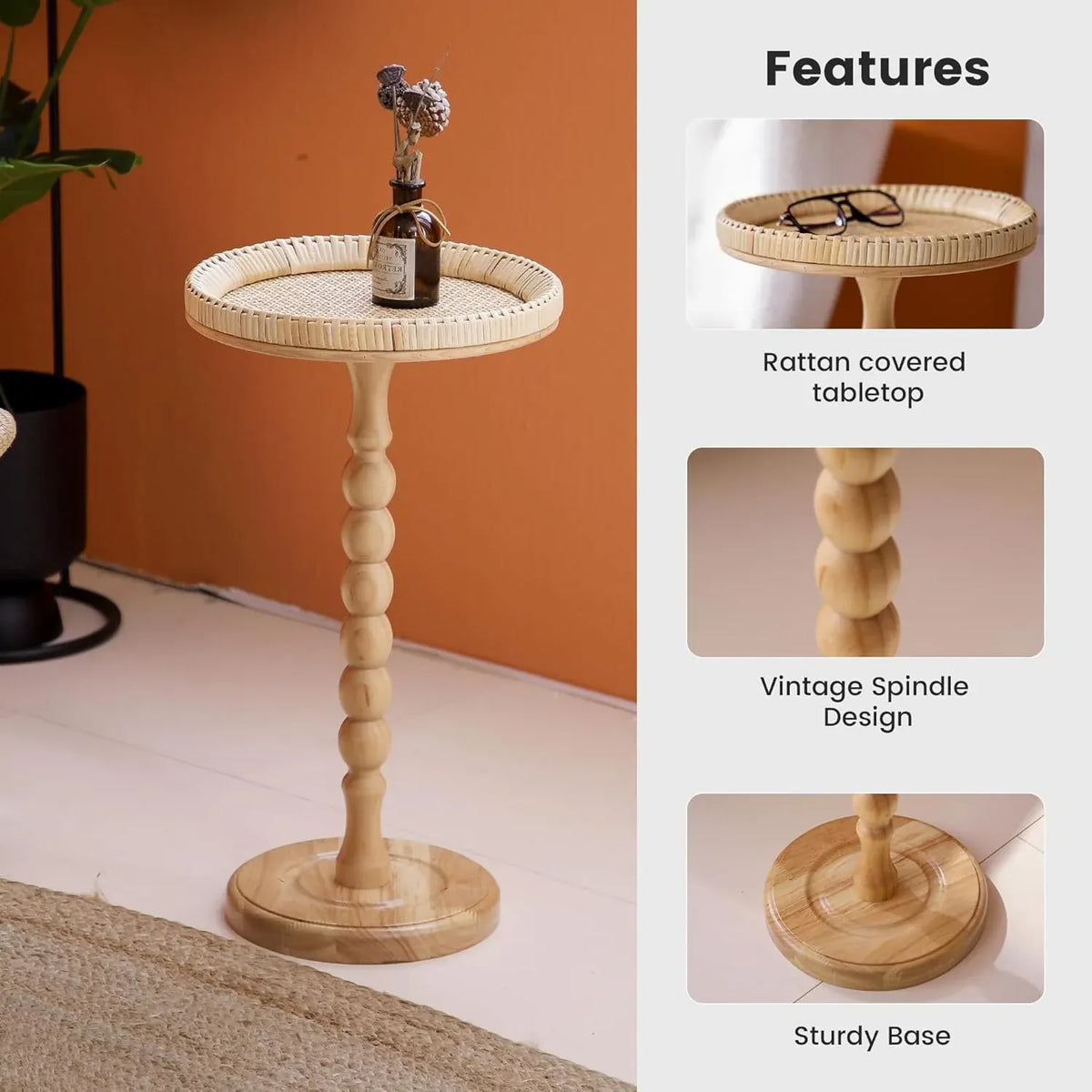 Drink Tableï1⁄4Rattan Round Small Side Table for Small Spaces, Boho Circle End Table Coffee Table with Solid Wood Leg for Living Room, Pedestal Table for Bedroom, Corners