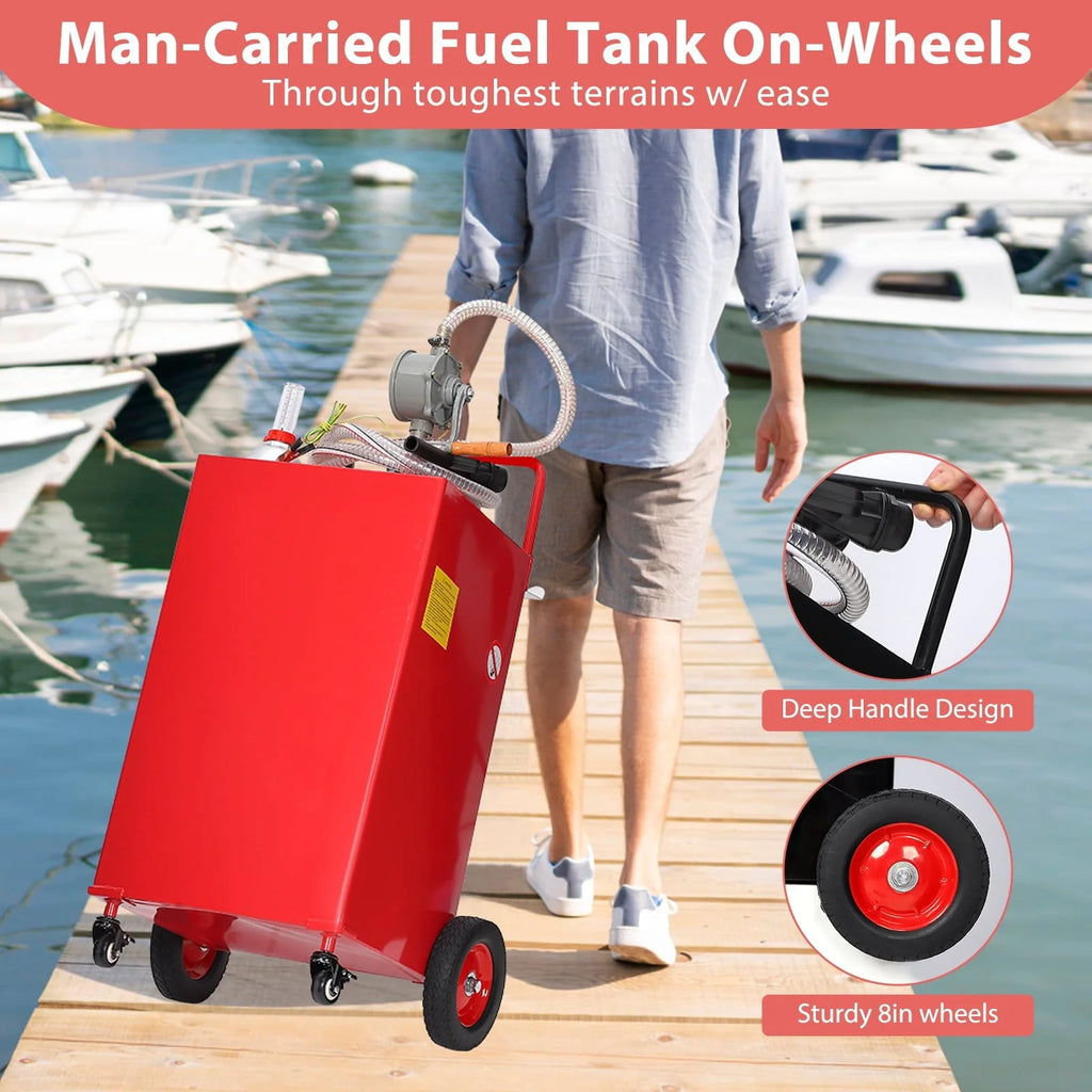 Fuel Caddy, 30 Gallon Portable Gas Storage Tank On 4 Wheels with Manual Transfer Pump, Gasoline Diesel Fuel Container with Manual Transfer Siphon Pump, for Cars, Lawn Mowers, ATVs, Boats