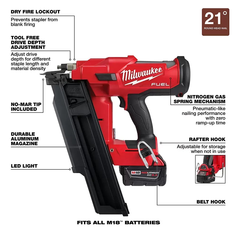 Milwaukee 2744-21 M18 FUEL 18V 21 Degree Framing Nailer 5.0 Ah Kit