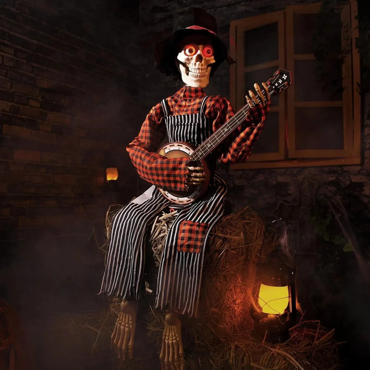 Halloween Animatronics Banjo Skeletons Decorations, Animated Skull with Sound Ac