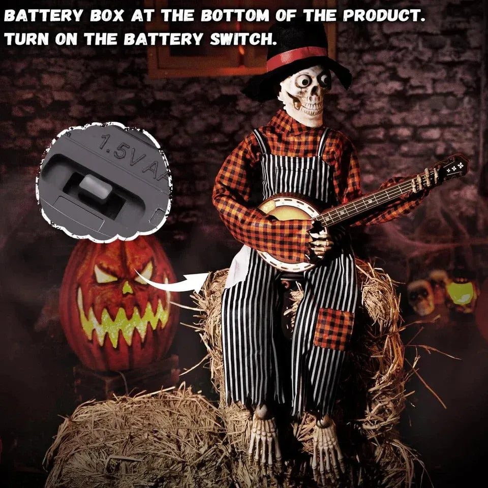 Halloween Animatronics Banjo Skeletons Decorations, Animated Skull with Sound Ac