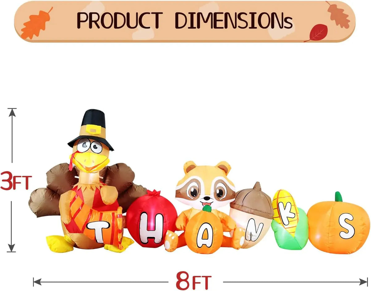 DomKom 8FT Thanksgiving Inflatable Turkey Outdoor Decor - Turkey and Vegetables Blow Up with Lights for Yard, Fun Autumns Fall Harvest Happy Thanksgiving Holiday Inflatable Decoration