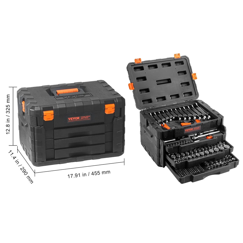 SKYSHALO Mechanic Tool Socket Set 1/2, 3/8 and 1/4 inch Drive SAE & Metric Size, 450 Piece with Tool Box Storage Case for for Home, Household, Garage, Bike, Car Trunk, Automotive, Mechanic Projects
