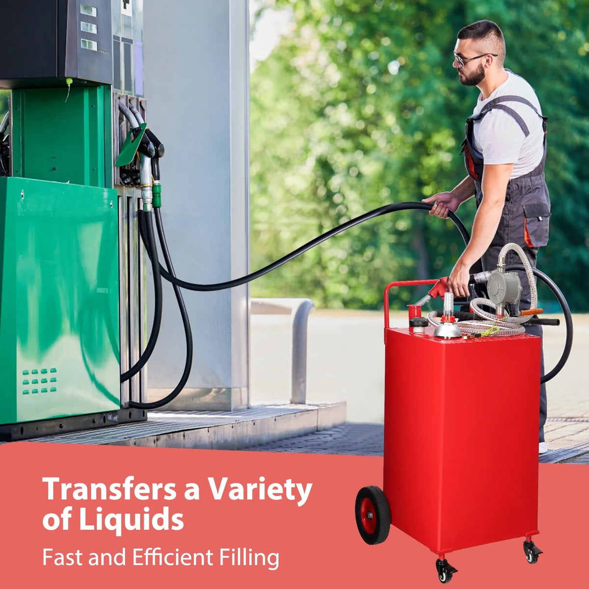 Fuel Caddy, 30 Gallon Portable Gas Storage Tank On 4 Wheels with Manual Transfer Pump, Gasoline Diesel Fuel Container with Manual Transfer Siphon Pump, for Cars, Lawn Mowers, ATVs, Boats