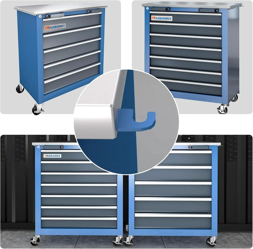 Combination Tool Cabinet and Chest - 7+5 Drawer Tool Chest for Connected Use, Rolling with 360 Brake Wheels and Padded Feet, Blue