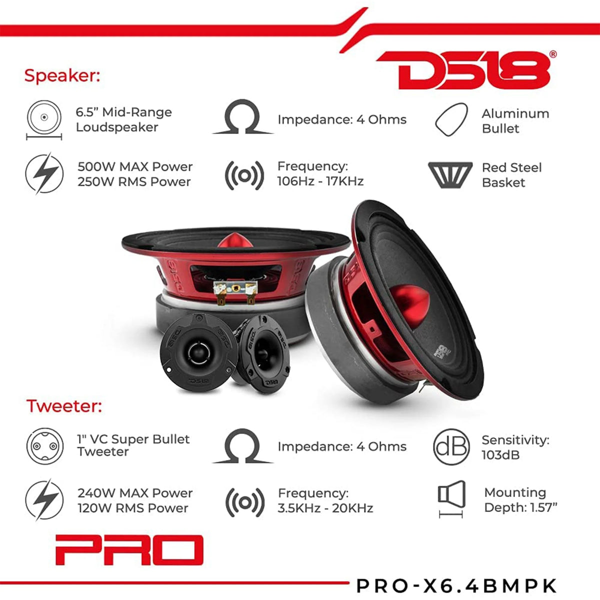 DS18 PRO-X6.4BMPK Mid and High Range Car Door speaker and Tweeter Package (Used)