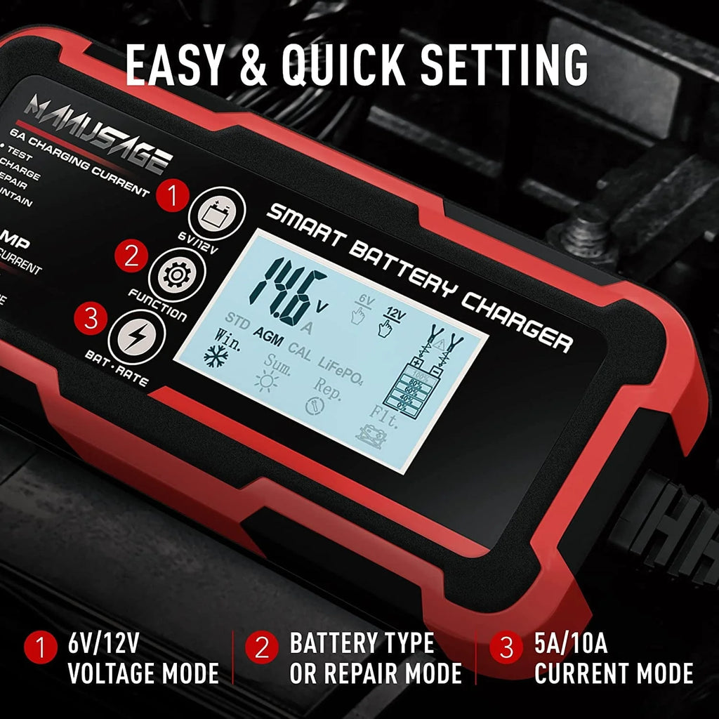 Manusage 10-Amp Fully-Automatic Smart Charger, 6V and 12V Portable Automotive Car Battery Charger, Battery Maintainer, Trickle Charger,Battery Desulfator with Temperature Compensation, AGM,Deep Cycle