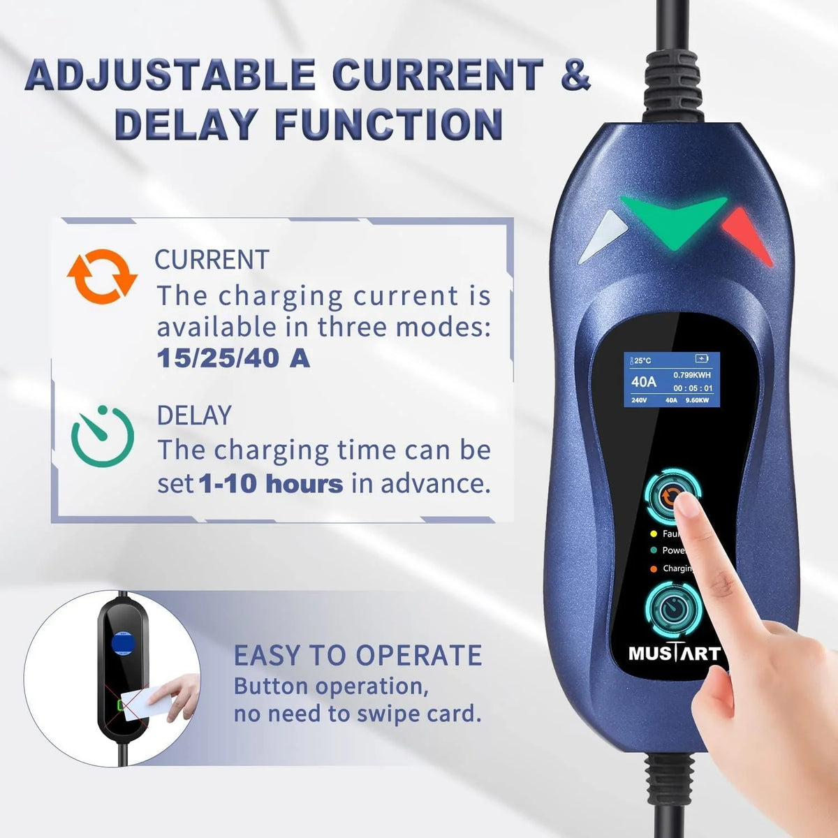 MUSTART Level 2 Portable EV Charger (240 Volt, 25ft Cable, 15/25/40 Amp Adjustable) Electric Vehicle Charger Plug-in EV Charging Station with Delay Function (NEMA 14-50P)