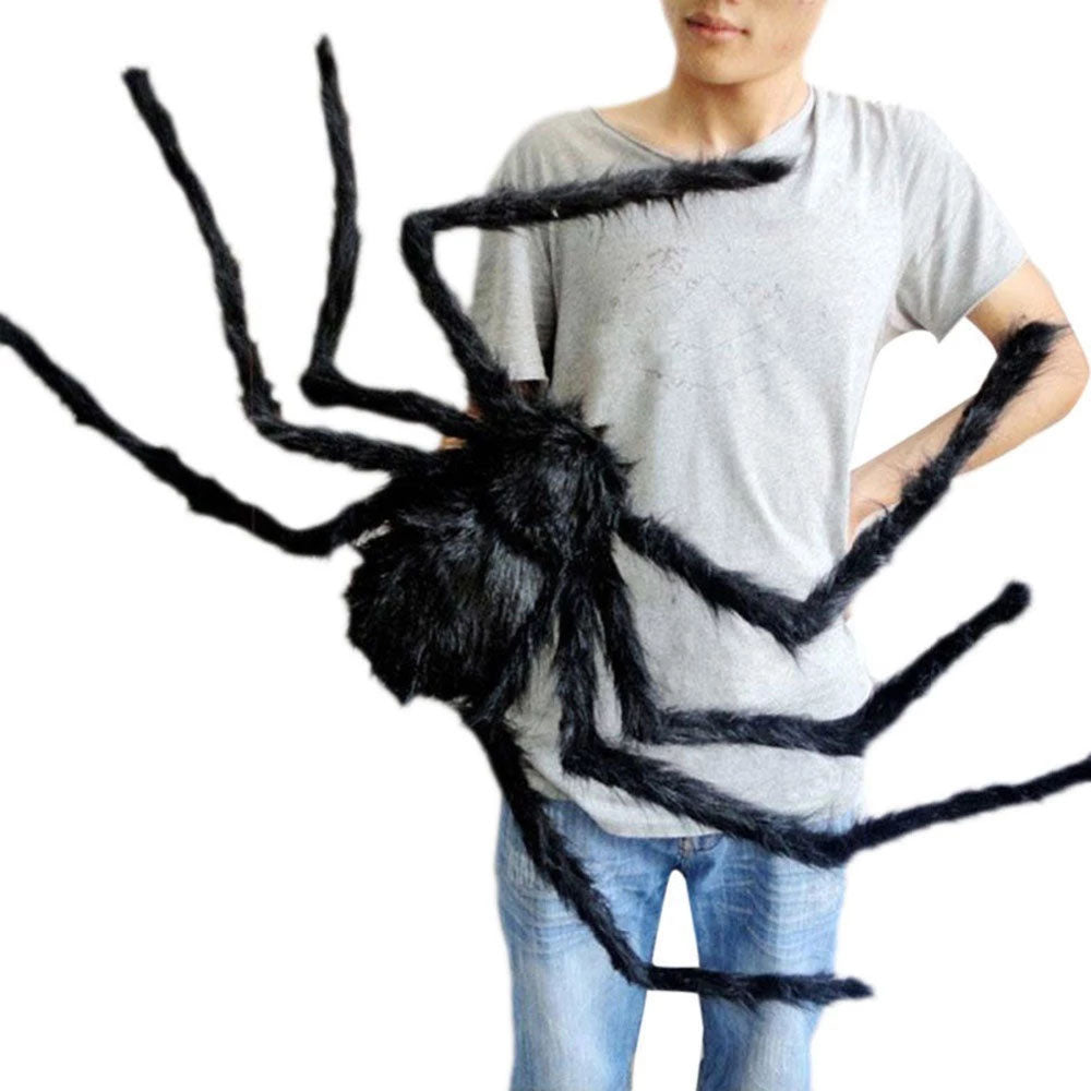 Poseable Spider Decoration with Red Eyes and Black Wool Body, 29.5 Inches