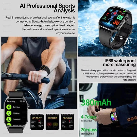 Large-Display Smartwatch with Monitoring, Connectivity, and Daily Assistance Functions