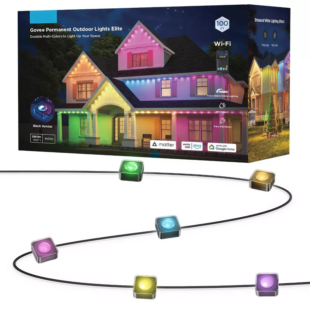 Permanent Outdoor Roofline Light Strand 100ft with RGBICW Color Nodes and App Control