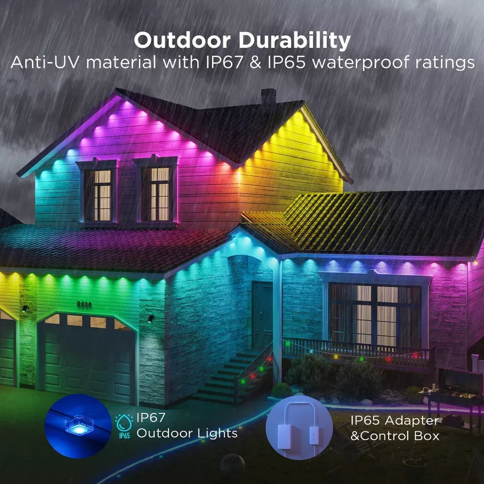 Permanent Outdoor Roofline Light Strand 100ft with RGBICW Color Nodes and App Control