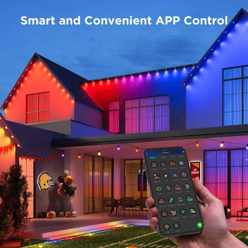 Permanent Outdoor Roofline Light Strand 100ft with RGBICW Color Nodes and App Control