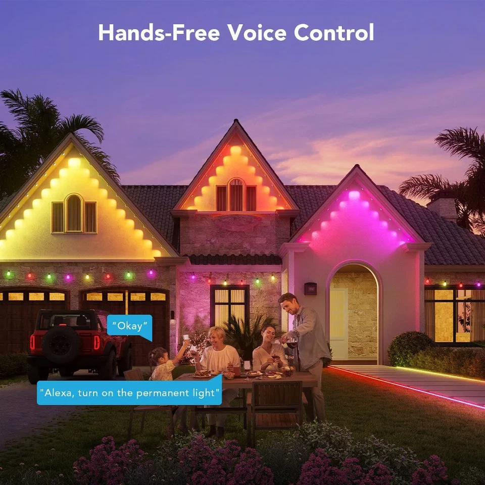 Permanent Outdoor Roofline Light Strand 100ft with RGBICW Color Nodes and App Control