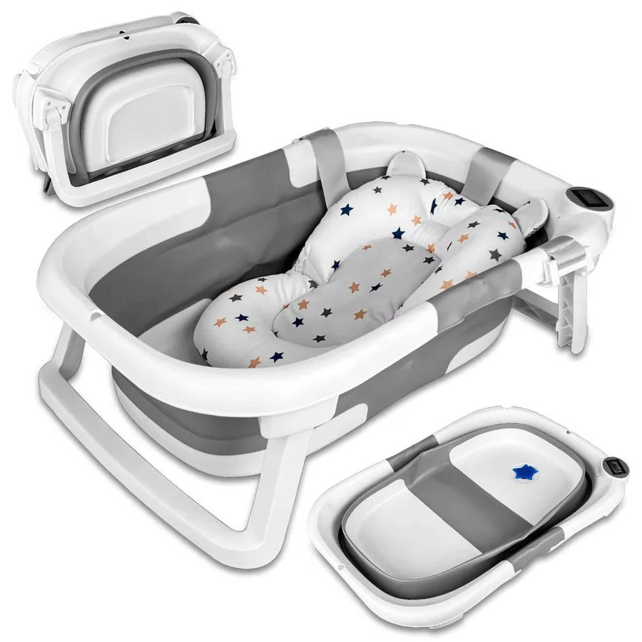 Newborn Bathing Tub with Temperature Alert and Soft Mat, Foldable  Design