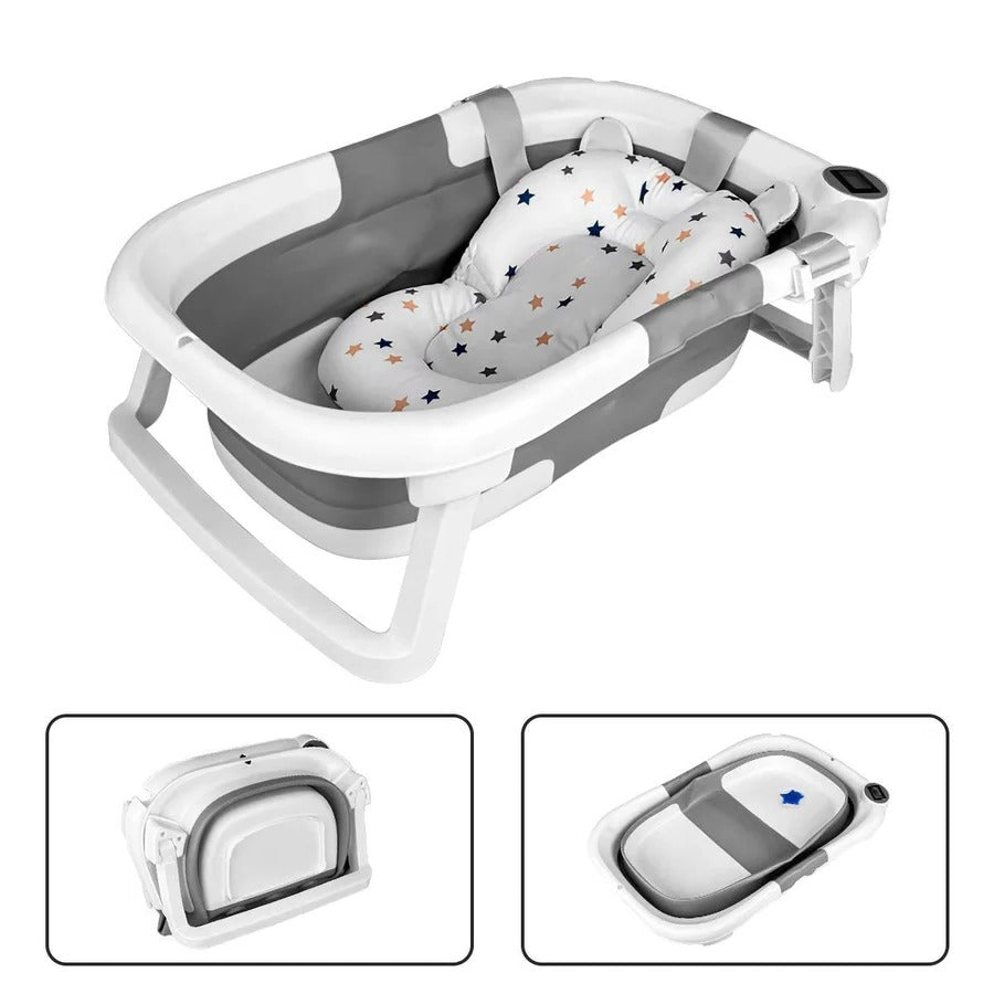 Newborn Bathing Tub with Temperature Alert and Soft Mat, Foldable  Design