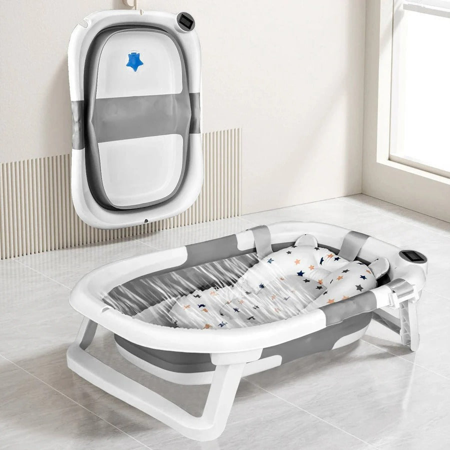 Newborn Bathing Tub with Temperature Alert and Soft Mat, Foldable  Design