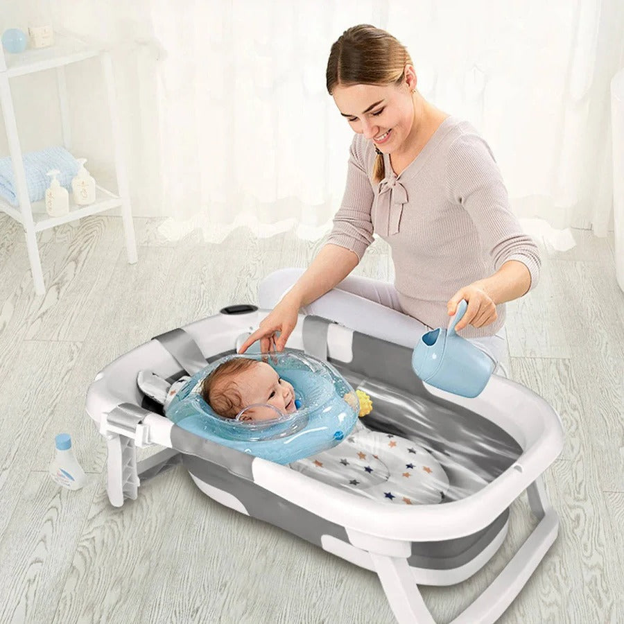 Newborn Bathing Tub with Temperature Alert and Soft Mat, Foldable  Design