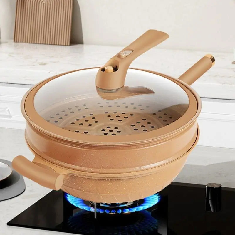Nonstick Wok with Micropressure Sealing and Steamer Basket, Gas and Induction  Compatible