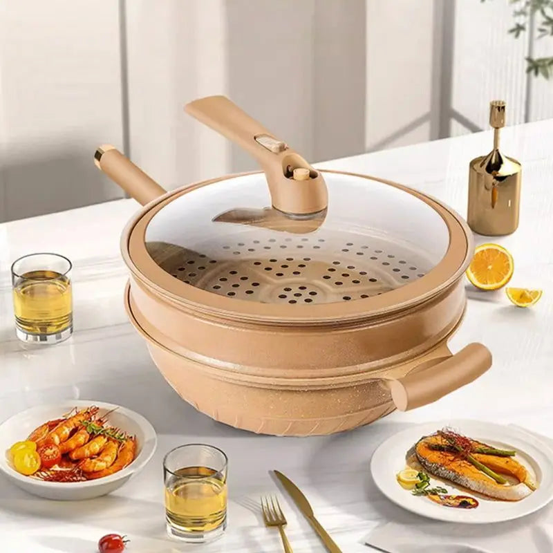 Nonstick Wok with Micropressure Sealing and Steamer Basket, Gas and Induction  Compatible