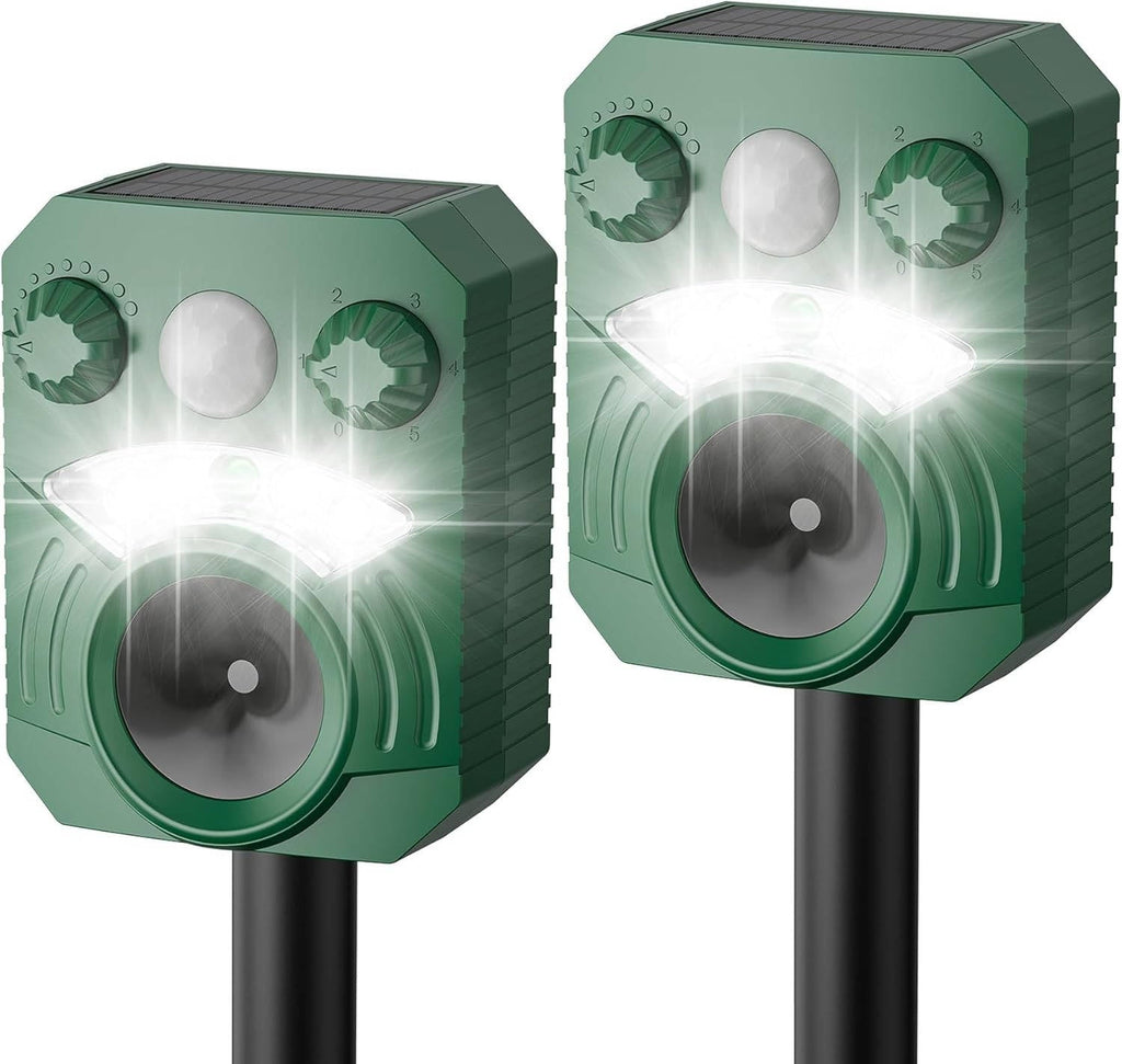 Motion Activated Animal Deterrent with Ultrasonic Sound and Flashing Light, Solar Powered