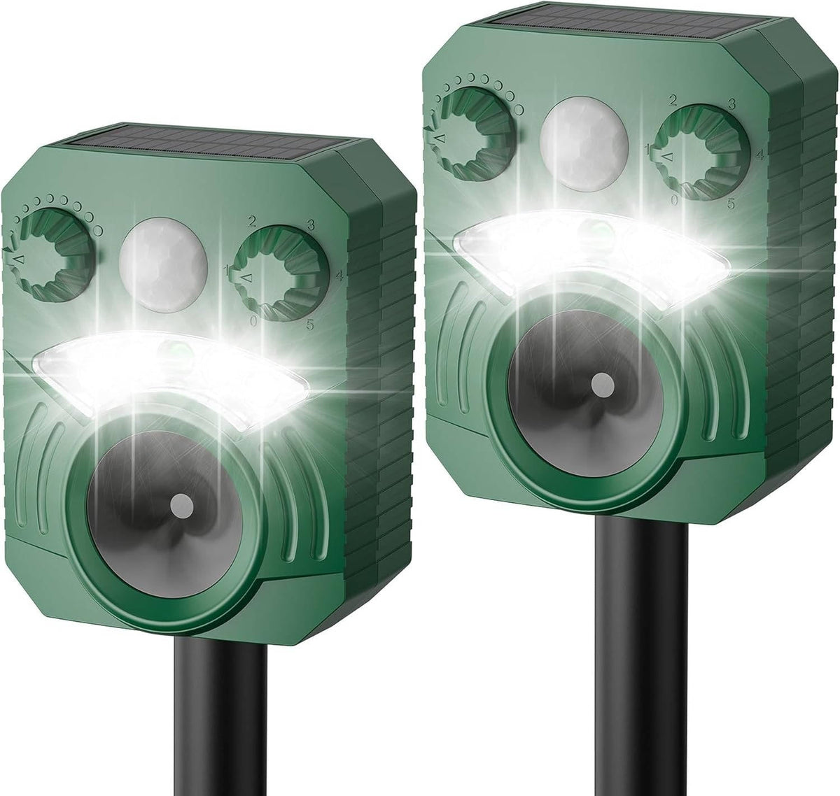 Motion Activated Animal Deterrent with Ultrasonic Sound and Flashing Light, Solar Powered