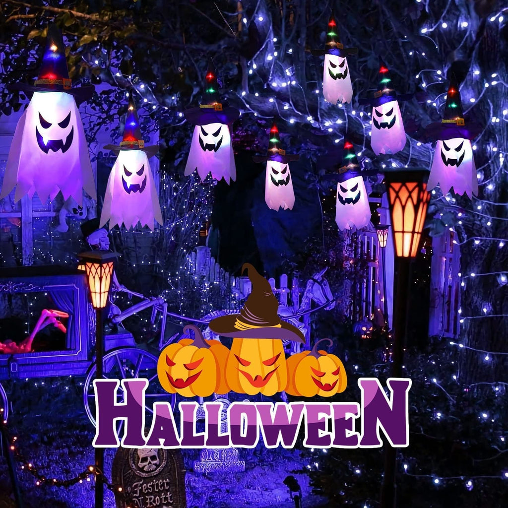 Multicolor Ghost String Lights with Witch Hats and Flashing Modes, 9.8ft