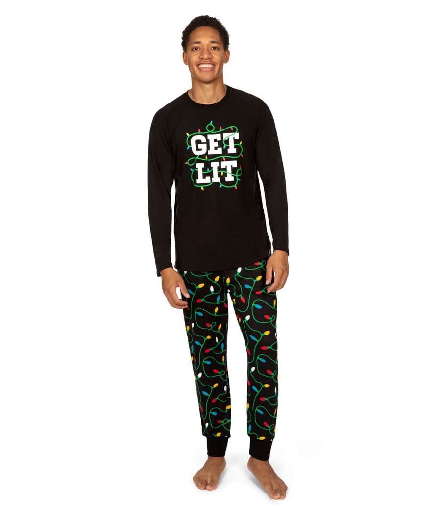 Mens Pajama Set with Christmas Tree Graphic and String Lights Print