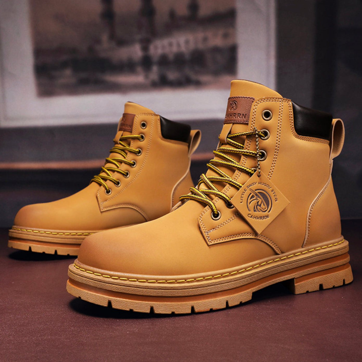 Mens Lace-Up Ankle Hiking Boots with Lugged Rubber Sole and Padded Collar