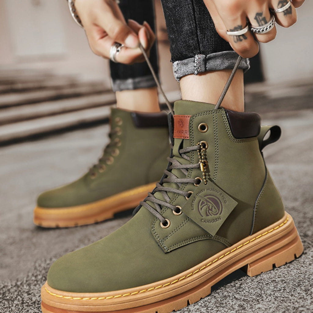 Mens Lace-Up Ankle Hiking Boots with Lugged Rubber Sole and Padded Collar
