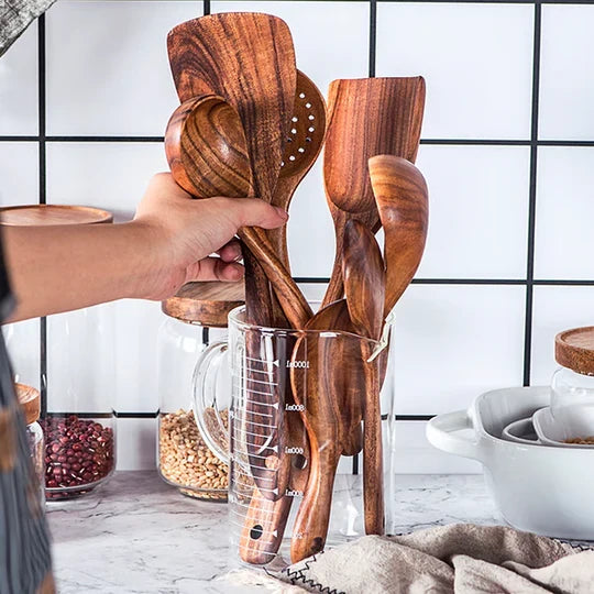 Natural Teak Wood Kitchen Utensil Set, Eco-Friendly Non-Toxic Cooking Tools for Everyday Use