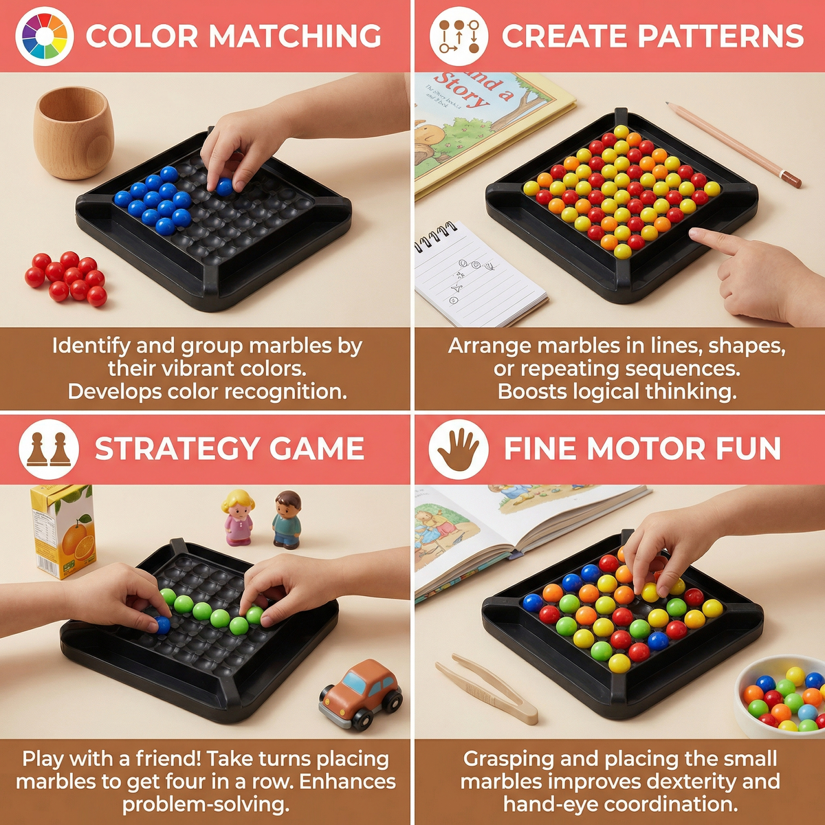 Marble Logic Puzzle with Color Sorting and Adjustable Challenge Levels