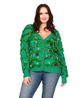 Plus Size Button Front Cardigan with Sewn-In Ornaments and Metallic Tinsel